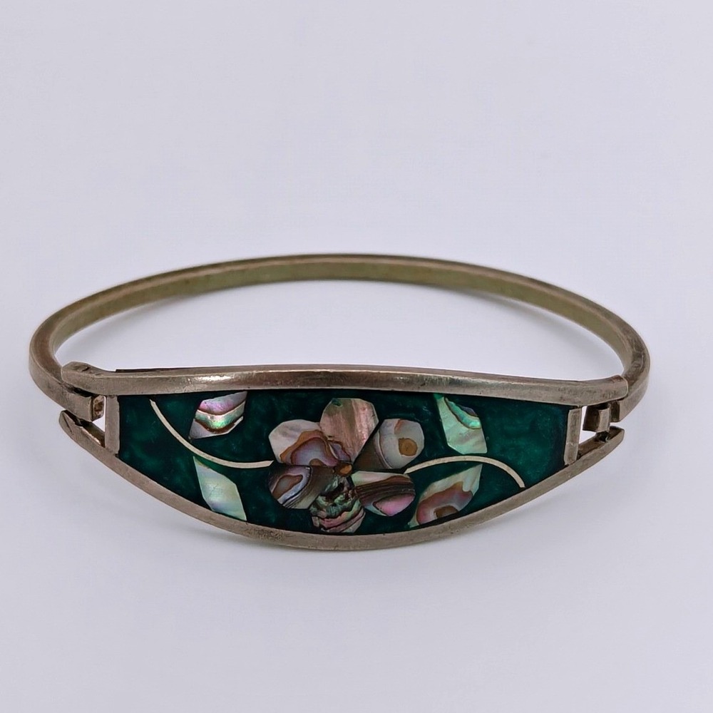 Vintage Mexico Alpaca Silver Abalone Shell Floral Inlay Hinged Bangle Bracelet
